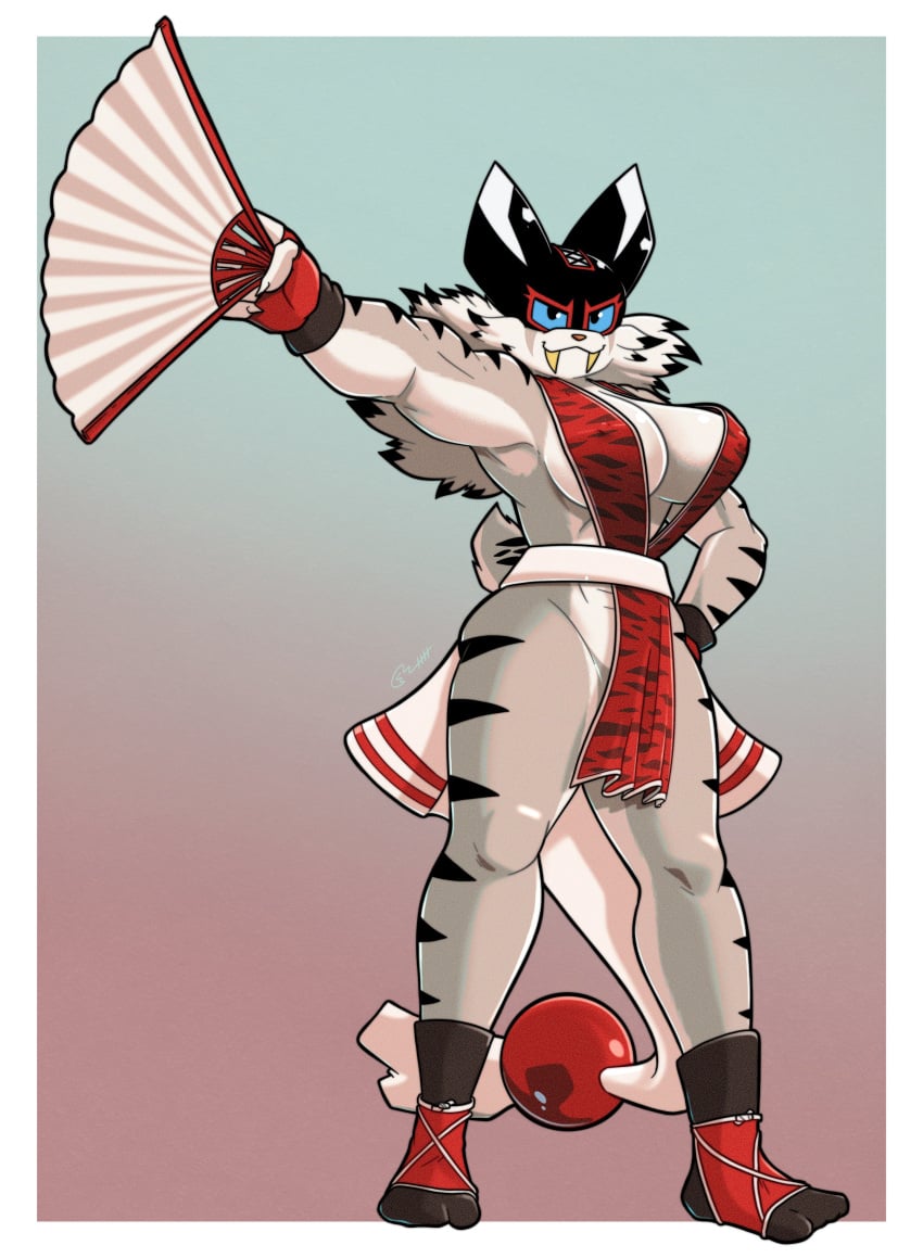 anthro breasts catgirl cosplay fatal_fury female hi_res looking_at_viewer mai_shiranui_(cosplay) muscle_girl muscular_female roboticsteve saber-toothed_cat saber-toothed_tiger saber_(roboticsteve) solo