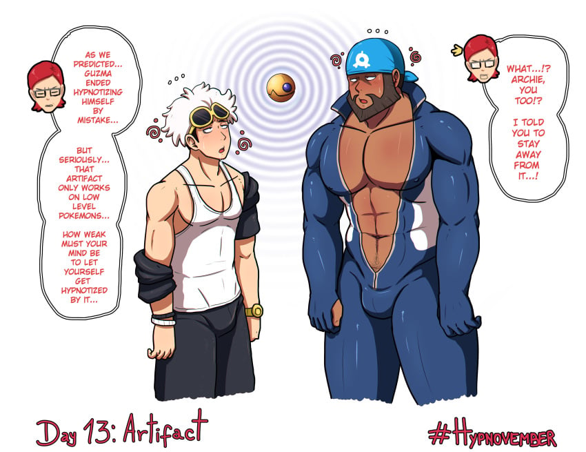 archie_(pokemon) balls bara beard blush bodysuit bulge facial_hair flaccid guzma_(pokemon) headkerchief hypno_neet hypnosis male male_only maxie_(pokemon) mind_control muscles muscular nintendo penis pokemon speech_bubble team_aqua team_skull