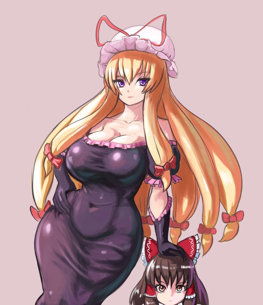 2girls blonde_hair brown_eyes brown_hair clothed dress hand_on_hip hat hi_res large_breasts profitshame purple_eyes reimu_hakurei ribbon size_difference touhou wide_hips yukari_yakumo