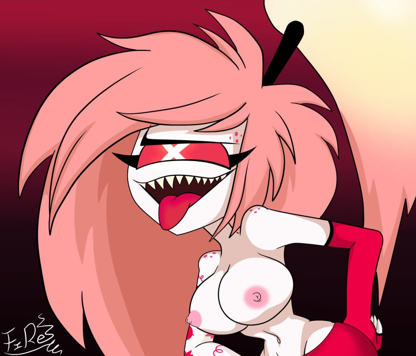 big_breasts cherri_bomb_(hazbin_hotel) demon demon_girl exposed_breasts fire-xen hazbin_hotel tongue tongue_out white_body