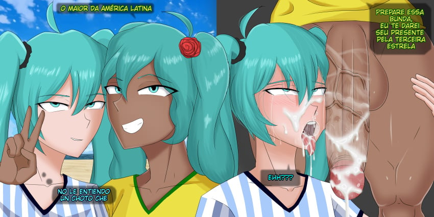 after_fellatio after_oral argentinian_miku big_penis blue_eyes blue_hair brazilian_miku cum cum_in_mouth cum_on_face dark-skinned_female excessive_cum futanari latina light-skinned_female open_mouth peace_sign portuguese portuguese_text spanish spanish_text text twintails veiny_penis