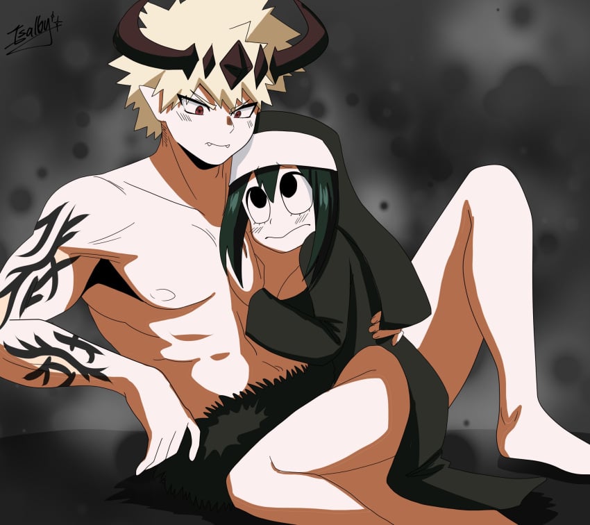 1boy 1girls asui_tsuyu bakugou_katsuki bare_legs bare_thighs blush blush_lines boku_no_hero_academia demon_boy demon_horns female horns hugging katsuki_bakugou leaning_on_person liliethblum male male/female my_hero_academia nun nun_outfit red_eyes shirtless shirtless_male straight suggestive tsuyu_asui