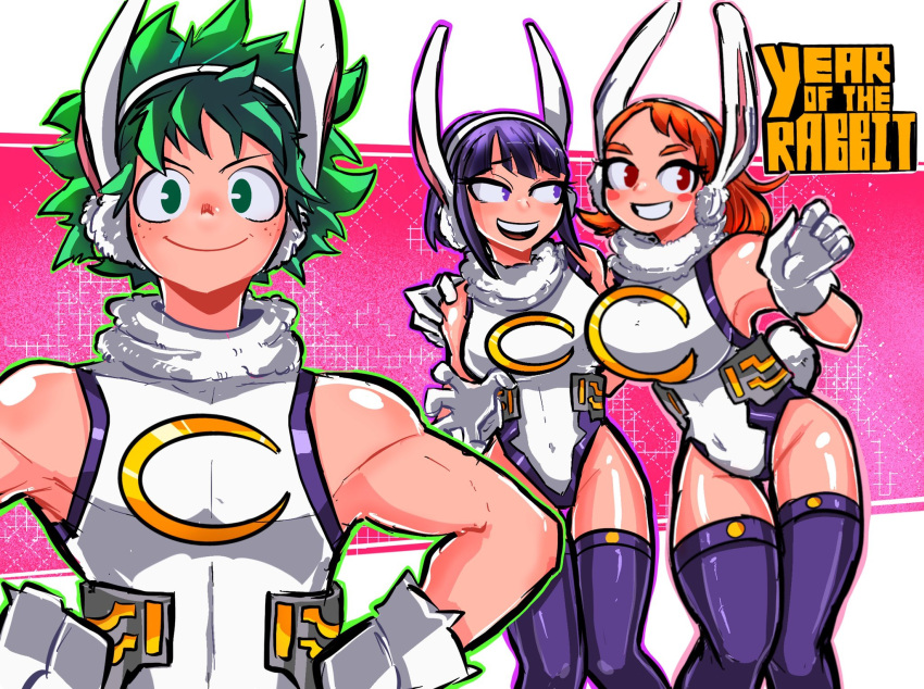 1boy 2girls animal_ears arm_around_shoulder bare_shoulders boku_no_hero_academia breasts brown_eyes chinese_zodiac commentary cosplay covered_navel crescent english_commentary english_text fake_animal_ears fake_tail freckles fur_collar gloves green_eyes green_hair hand_up hands_on_own_hips highleg highleg_leotard highres izuku_midoriya jirou_kyouka kyoka_jiro large_breasts leotard looking_at_another looking_at_viewer male midoriya_izuku mirko_(cosplay) miruko_(cosplay) multiple_girls my_hero_academia ochako_uraraka orange_hair purple_eyes purple_hair rabbit_ears rabbit_tail rumi rumi_usagiyama_(hero_outfit) sidelocks sleeveless smile sonchapo superhero_costume tail thighhighs uraraka_ochako white_gloves year_of_the_rabbit