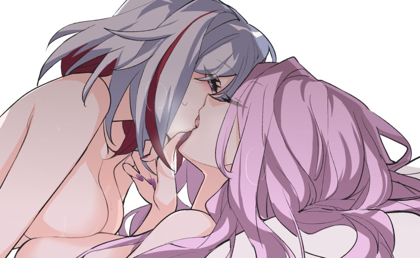 2girls asymmetrical_docking breast_press breasts closed_eyes femdom from_side grey_eyes grey_hair highres honkai:_star_rail honkai_(series) jade_(honkai:_star_rail) kissing long_hair medium_breasts multiple_girls nude profile red_hair rekka short_hair simple_background topaz_(honkai:_star_rail) upper_body white_background yuri