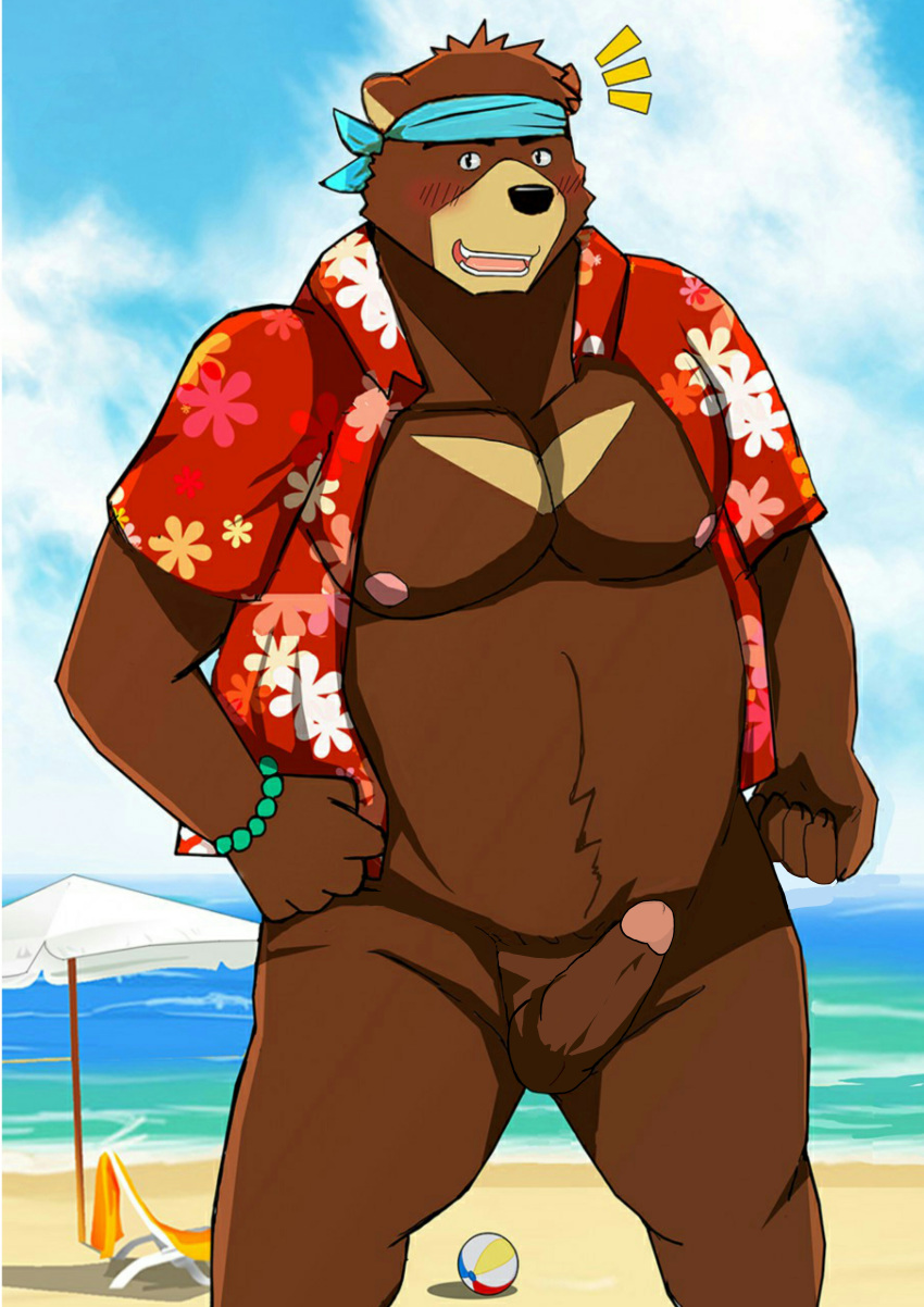 1boy bandana beach bear blush bottomless clothed clothing erection kenji_mikazuki male male_only mammal morenatsu penis seaside solo