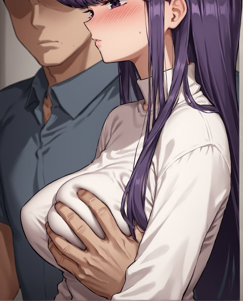 ai_generated blush breast_grab breasts cheating cheating_girlfriend face_out_of_frame faceless_male hand_on_breast komi-san_wa_komyushou_desu komi_shouko netorare notreallyhere ntr parted_lips perky_breasts purple_eyes purple_hair shirt skindentation sweat sweatdrop swept_bangs tagme turtleneck upper_body