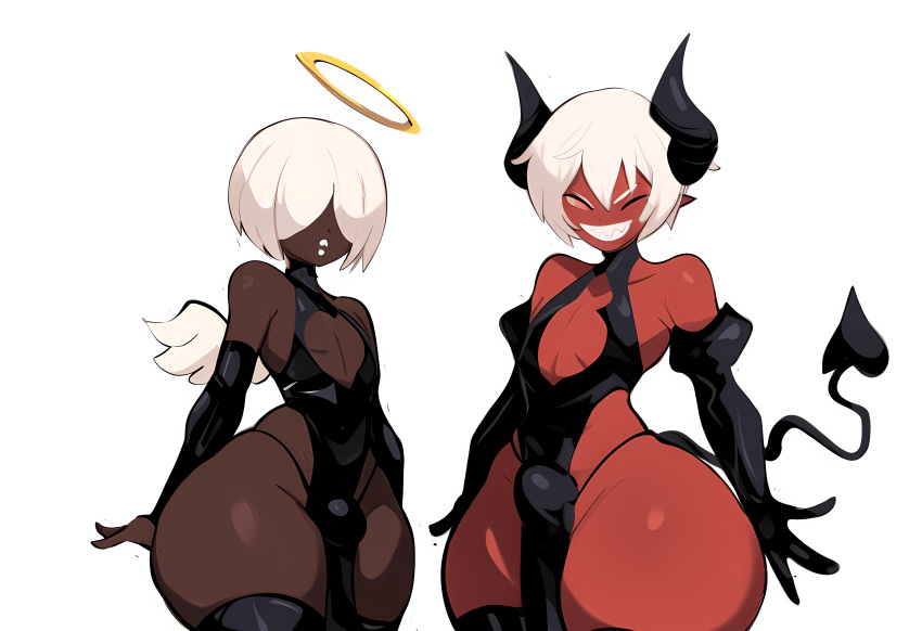 2boys ai_generated alriel angel angel_boy black_femboy bulge curvaceous curvy demon demon_boy femboy mullon novelai thick_thighs trap voluptuous wide_hips