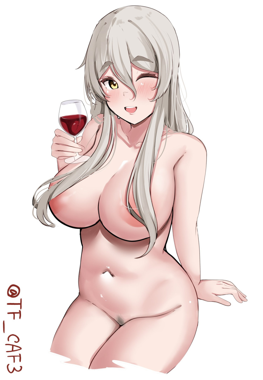 alcohol areola_slip blush breasts brown_eyes commentary_request covered_nipples covered_pussy drunk female female_only grey_hair highres kantai_collection large_breasts long_hair looking_at_viewer navel nude one_eye_closed open_mouth pola_(kantai_collection) pubic_hair sitting smile solo tf_cafe twitter_username wavy_hair white_background wine