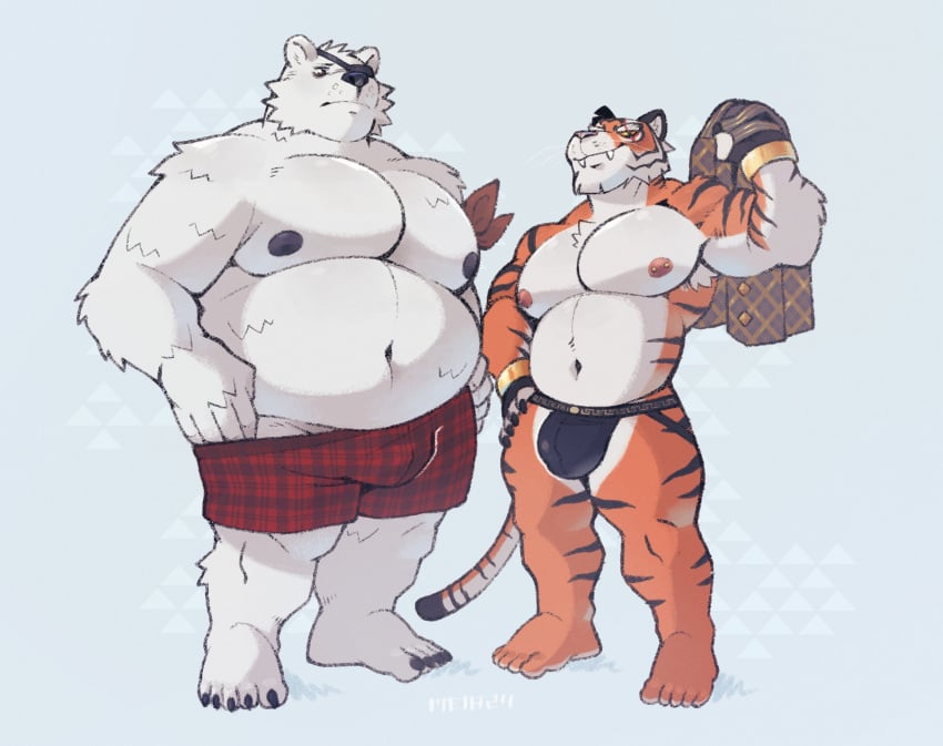 2024 anthro areola armpit_hair barazoku barefoot bear belly biceps big_belly big_bulge big_muscles body_hair bulge claws clothed clothing duo epic_games eye_patch eyebrows eyewear feet felid fingerless_gloves fortnite fur gay gloves handwear hi_res holding_clothing holding_object huge_belly huge_muscles jockstrap jockstrap_only male mamenoko mammal moobs musclegut muscular muscular_anthro muscular_male navel nipples oscar_(fortnite) overweight overweight_anthro overweight_male pantherine pecs plantigrade polar_bear polar_patroller scar simple_background smile standing teeth tiger topless topless_anthro topless_male tuft underwear underwear_only ursine white_background