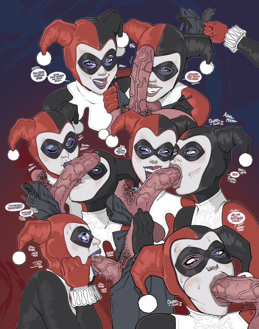 2girls batman_(series) big_breasts bodysuit clone costume dc dc_comics digital_media_(artwork) fellatio female female_only fishhooking harley_quinn harley_quinn_(classic) heart_hands heart_hands_duo licking oral penis selfcest speech_bubble square_crossover suicide_squad:_kill_the_justice_league theweirdibi veiny