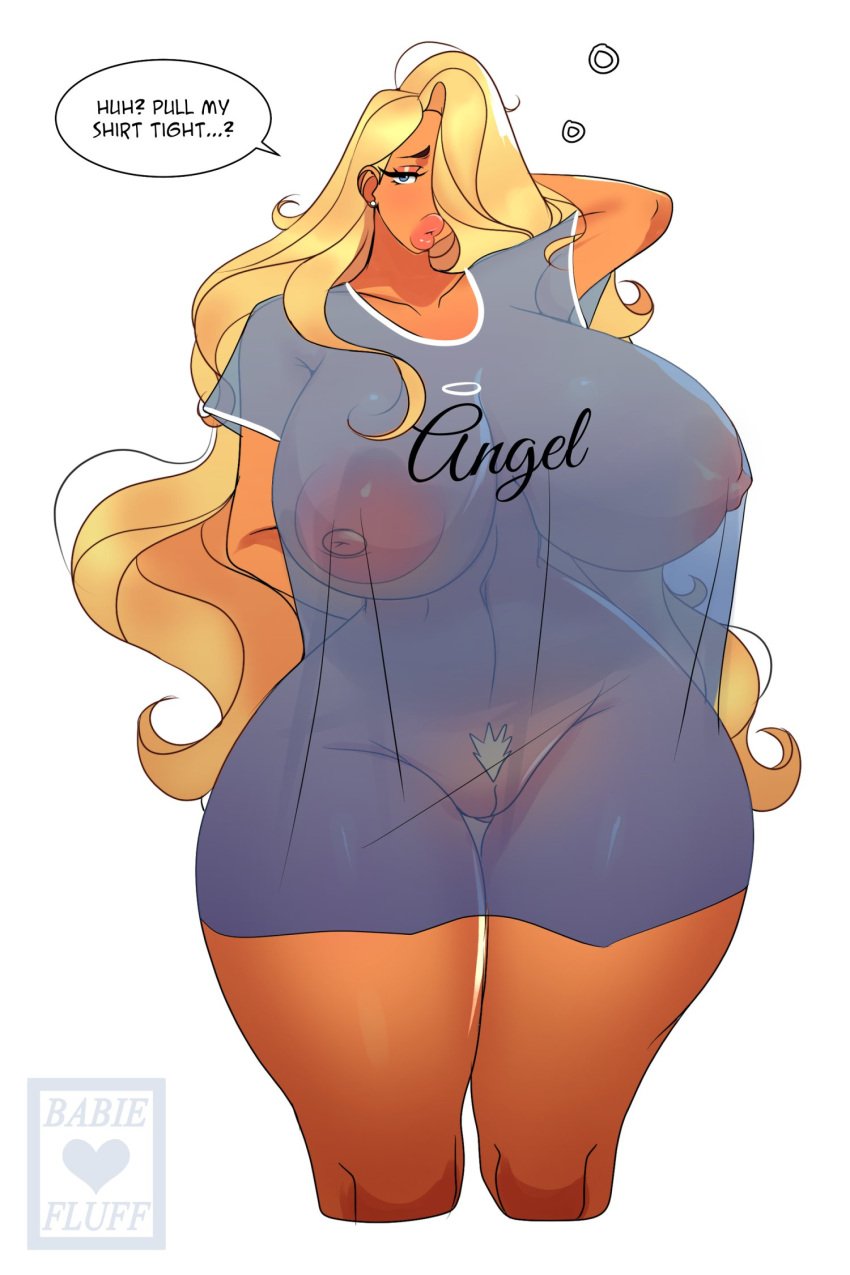 1female 1girls artist_name babie_fluff bimbo blonde_female blonde_hair blonde_hair_female blonde_pubic_hair clothed clothes clothing daphne_(babie_fluff) english_text female human human_female human_only original_character see-through_clothing see-through_shirt shirt sole_female speech_bubble tagme text text_bubble visible_breasts visible_pussy watermark yellow_hair yellow_hair_female yellow_pubic_hair