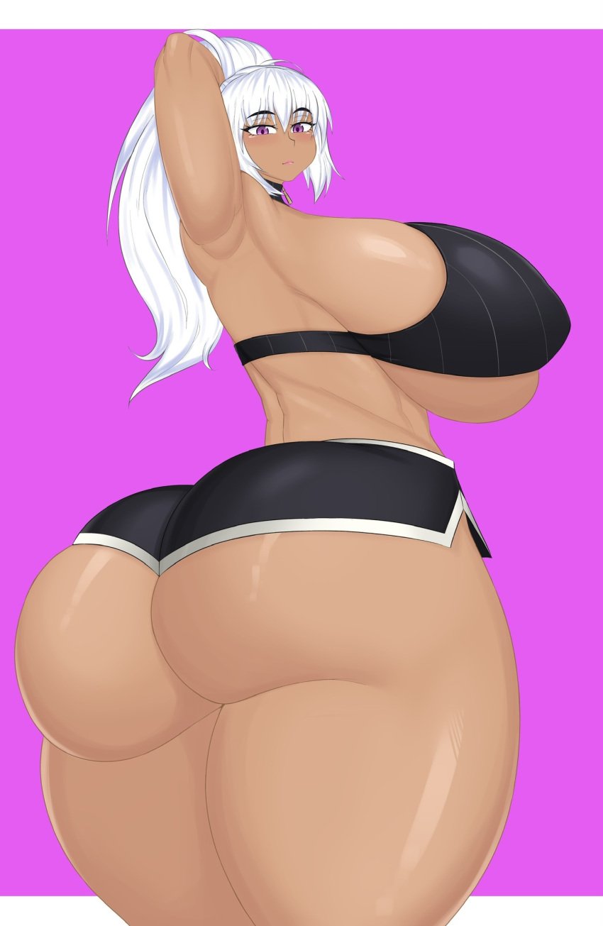 big_ass big_breasts booty_shorts brown_skin charliess27 dark_skin ebony huge_ass original original_character purple_eyes tank_top thick thick_ass thick_butt thick_legs thick_thighs white_hair workout_clothes