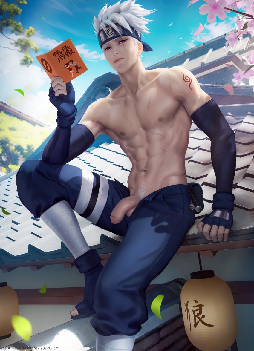 arm_length_gloves bells big_penis black_eye black_sandals blue_pants body body_scars book cherry_blossoms clouds ear_piercing earring eye_scar fingerless_gloves flaccid flaccid_penis forehead_protector hatake_kakashi holster kakashi_hatake latern male_only naruto red_eye rooftop sakura_blossoms scars scars_on_ sharingan shinobi shirtless sky tattoo white_hair white_pubic_hair wrappings zarory