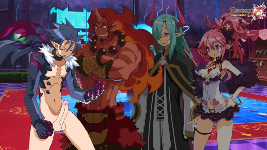 3boys christo_(disgaea) disgaea disgaea_5 erection female killia_(disgaea) male_focus multiple_boys muscle nippon_ichi_software nude penis pointy_ears red_magnus_(disgaea) seraphina_(disgaea) testicles wince