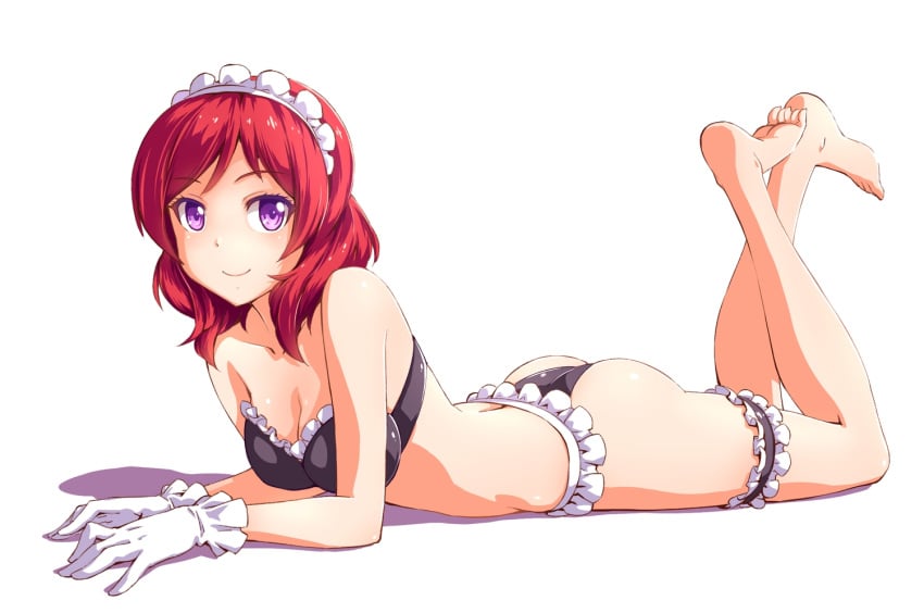 ass barefoot bra breasts cleavage female fish.boy garter gloves love_live! love_live!_school_idol_project maid_headdress nishikino_maki panties purple_eyes red_hair smile solo underwear white_background