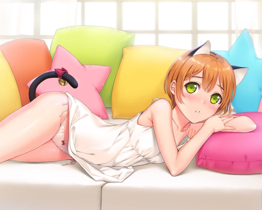 1girls animal_ears bell blush catgirl dress female female_focus female_only green_eyes highres hoshizora_rin love_live! love_live!_school_idol_project mignon panties short_hair solo tail underwear very_short_hair