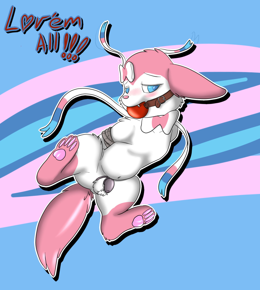 abstract_background arms_tied ball_gag balls blush bound canine chastity chastity_cage chastity_device cute_fangs eeveelution english_text feral flaccid furry gag hands_behind_back looking_away male male_chastity male_only mammal navel nintendo pawpads penis pokemon quadruped skunket spread_legs spreading sylveon text video_games