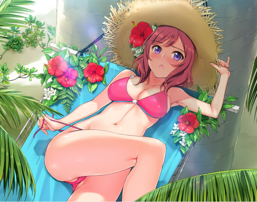 big_breasts bikini blush breasts cleavage female flowers hair hat headgear leaves love_live! love_live!_school_idol_project mignon navel nishikino_maki purple_eyes red_hair solo swimsuit