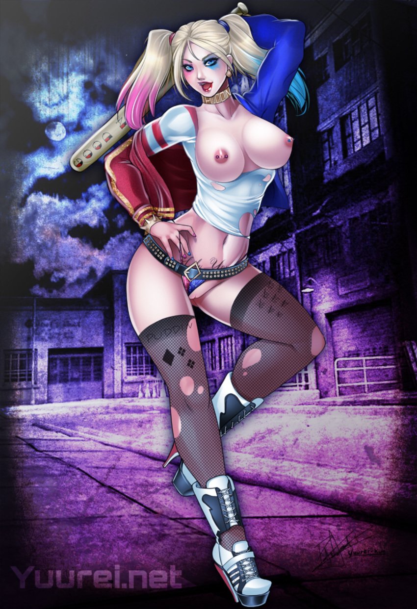 1girls areola baseball_bat batman_(series) belt blue_eyes breasts breasts_out city collar curvy dc dc_extended_universe earrings erect_nipples exhibitionism exposed exposed_breasts exposed_nipples exposed_pussy female female_only fishnets functionally_nude harley_quinn high_heels highres jacket jersey large_breasts lipstick makeup mascara midriff multicolored_hair multicolored_nail_polish nail nail_polish navel night nipple_piercing nipples no_bra outdoors panties platform_footwear platform_heels pussy raised_arm solo spiked_bracelet spikes suicide_squad tattoo thighhighs tied_hair torn_clothes torn_legwear torn_shirt twintails yuureikun