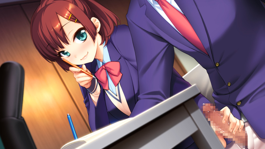 :3 akeiro_kaikitan blush book bow breasts brown_hair censored chair dutch_angle female game_cg green_eyes hairclip handjob highres hinamori_kana indoors long_sleeves looking_back mosaic_censoring naughty_face penis school_uniform short_hair sitting smile sumeragi_kohaku table unzipped