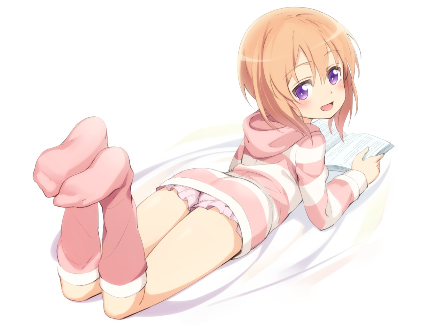 ass blush book clothed cocoa_hoto cute female footwear hair hoodie is_the_order_a_rabbit? knee_socks kneehighs kneesocks looking_at_viewer loose_socks michairu orange_hair pink_socks purple_eyes short_hair shorts smile socks uncensored young