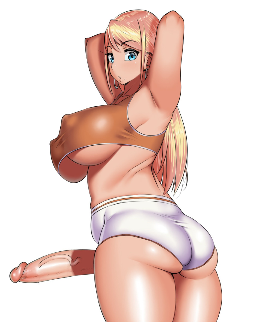 1futa :o ageha_(burakku-ra) armpits arms_behind_head arms_up ass bimbo blonde_hair blue_eyes breasts burakku-ra caidence covered_nipples dat_ass earrings erect_nipples erection female futanari hair highres hoop_earrings huge_breasts intersex jewelry large_breasts large_penis long_hair looking_at_viewer looking_back mole mole_under_mouth original penis plump short_shorts shorts simple_background solo sports_bra thick_thighs uncensored underboob veins voluptuous white_background