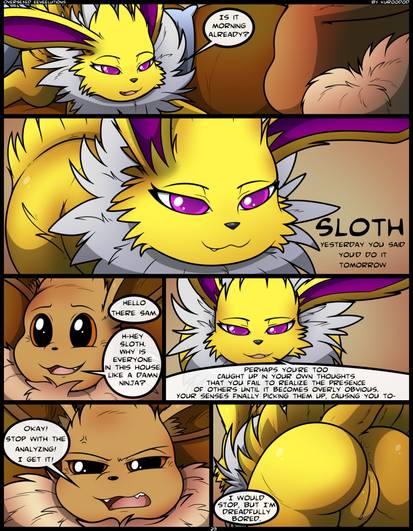 2016 absurd_res annoyed anus ass black_nose brown_background brown_eyes brown_fur comic cute_fangs dialogue duo eevee eeveelution english_text female feral fur hi_res jolteon kuroodod male neck_tuft nintendo nude open_mouth page_23 pokémon_(species) pokemon pokemon_(species) purple_eyes pussy rear_view sam_(kuroodod) simple_background sloth_(kuroodod) smile speech_bubble teeth text tongue tuft video_games white_fur yellow_fur