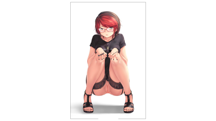 anus ashley_(kopianget) ashley_rosemarry ass black_border black_hair black_nails black_shirt blush border bottomless buckle clothes_writing collarbone female full_body garter garter_straps glasses gradient_background gray_eyes grey_eyes hands_on_own_knees head_tilt highres huniepop jewelry kopianget legs_apart lips looking_at_viewer multicolored_hair nail_polish necklace no_panties original parted_lips pussy red-framed_glasses red_hair ring sandals serious shirt short_hair short_sleeves solo squatting stayblack t-shirt thigh_strap thighs toenail_polish two_tone_hair uncensored white_background wristband