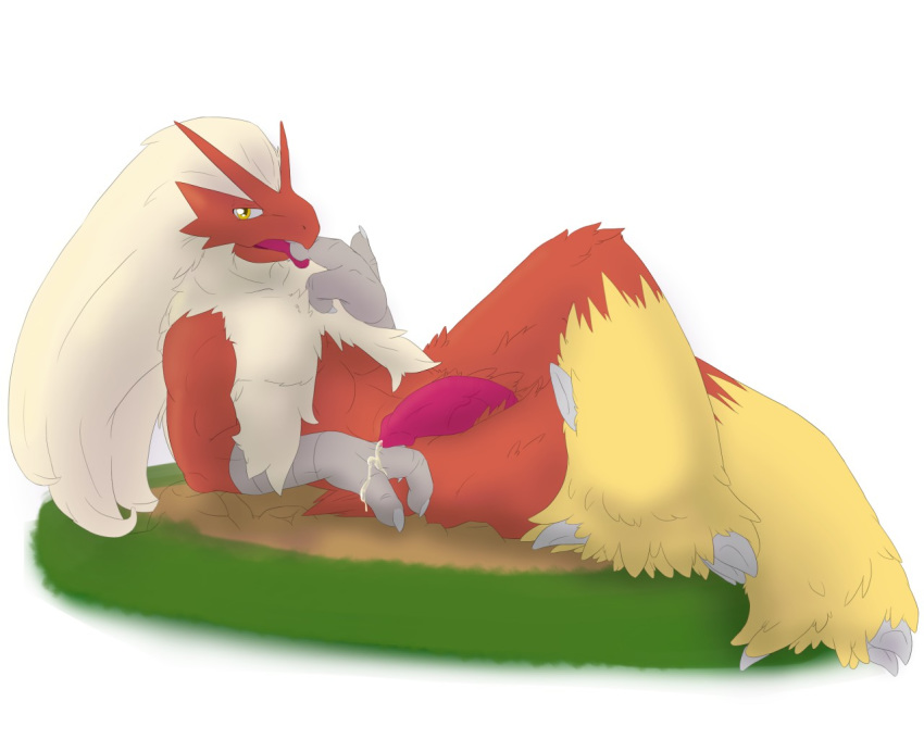 1boy 2016 after_masturbation anthro arm_support avian blaziken crossed_legs cum cum_on_hand feathers finger_lick half-closed_eyes half-erect kairyu211 looking_at_viewer male male_only nintendo penis pink_penis pokemon pokemon_(species) reclining red_feathers simple_background smile solo talons tongue tongue_out video_games white_background yellow_eyes yellow_feathers