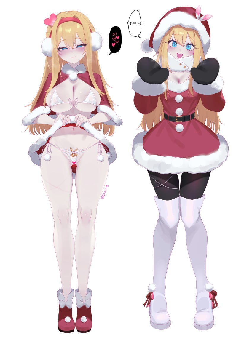 absurdres ass_visible_through_thighs bell black_mittens black_pantyhose blonde_hair blue_eyes boots bra breasts breath capelet censored christmas cleavage closed_mouth clothes_lift dress dress_lift earmuffs eonsang female fingernails front-tie_bra girls'_frontline hair_between_eyes hat hat_ornament heart heart_censor highres korean_text large_breasts lingerie long_hair looking_at_viewer mittens open_mouth panties pantyhose pussy_juice red_capelet red_dress red_footwear santa_hat side-tie_panties skindentation smile solid_eyes speech_bubble spoken_heart suomi_(girls'_frontline) teeth thigh_boots tongue translation_request twitter_username underwear upper_teeth_only white_bra white_footwear