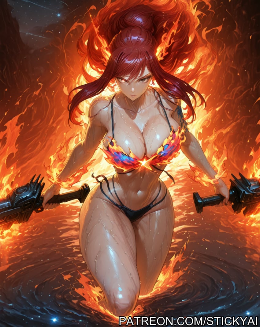 1girls ai_generated anime breasts erza_scarlet fairy_tail fit flame nsfw red_hair