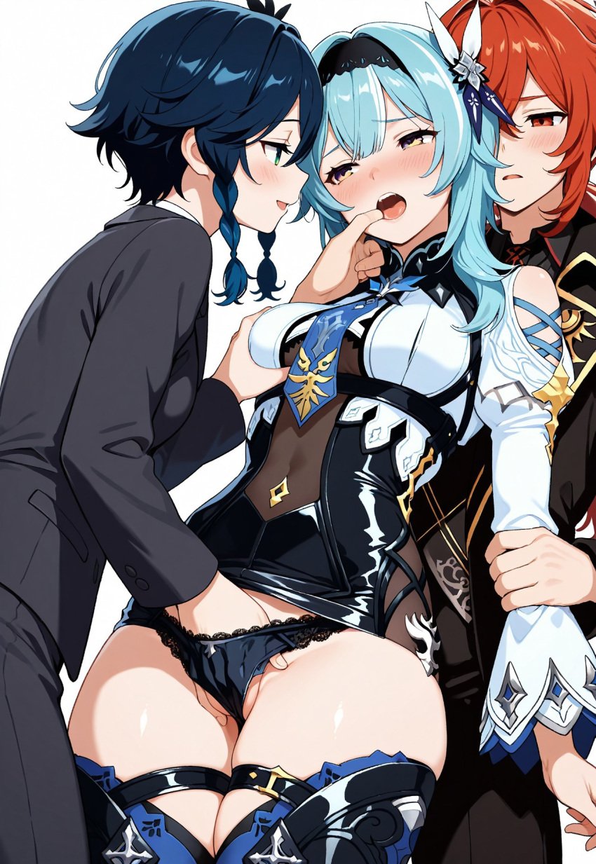 1girls 2boys ai_generated arms_grab bare_thighs before_sex black_panties blue_hair blush breast_grab clothing diluc_(genshin_impact) eula_(genshin_impact) female finger_in_mouth finger_to_mouth fingering_pussy fingering_through_panties genshin_impact grope groping groping_breasts hand_in_panties light-skinned_female light_skin male male/female medium_breasts open_mouth panties red_hair sandwiched shiny_skin simple_background thick_thighs threesome touching_pussy venti_(genshin_impact)