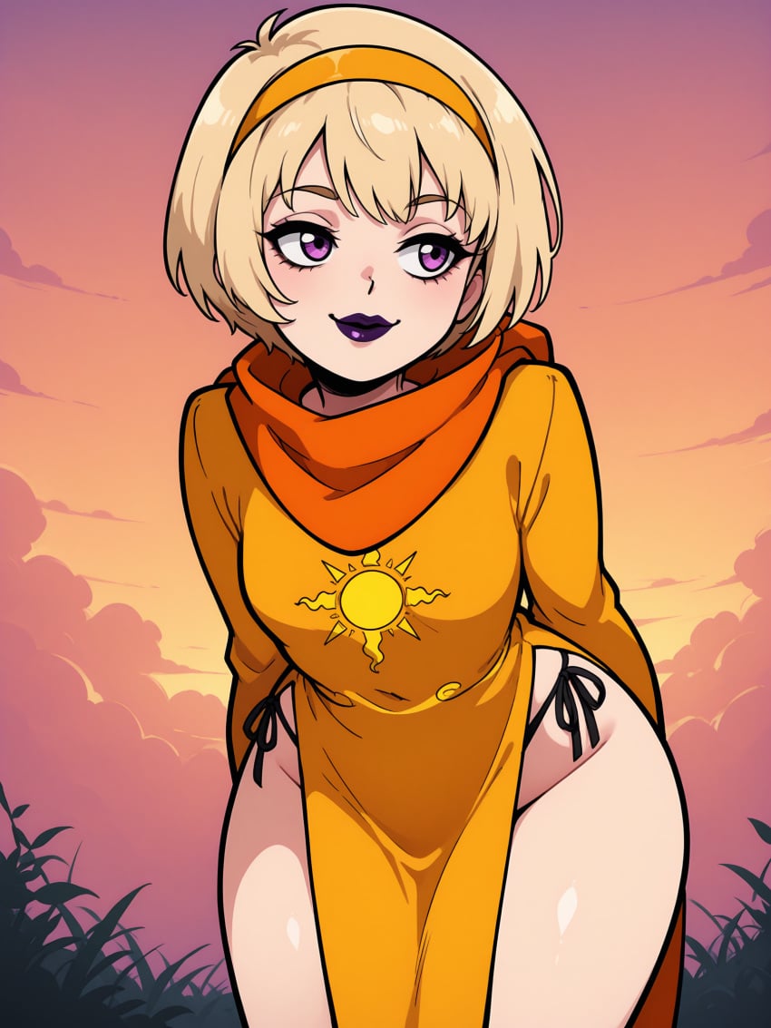 1girls ai_generated bare_legs bare_thighs blonde_hair bob_cut breasts curvy dress_slit female female_only gardener_ai hairband homestuck hood hood_down hourglass_figure illustrious_(stable_diffusion) lipstick makeup medium_breasts ms_paint_adventures no_pants orange_clothing orange_dress panties pelvic_curtain print_clothing purple_eyes purple_lips purple_lipstick robe rose_lalonde scarf seductive short_hair side-tie_panties side_slit slit_dress smile smug solo stable_diffusion string_panties thick_thighs thin_waist wide_hips