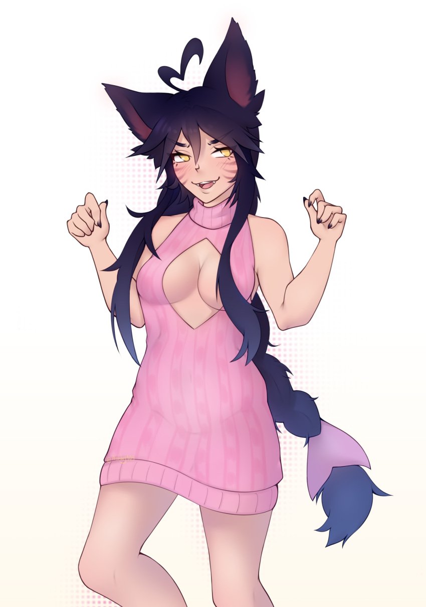 ahri animal_ears ashhy black_hair braid fox_girl league_of_legends virgin_killer_sweater whisker_markings whiskers yellow_eyes