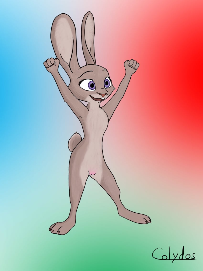 1girls 2016 anthro buckteeth colydos disney eyelashes female flat_chest fur furry gradient_background grey_fur hi_res judy_hopps lagomorph long_ears mammal nude open_mouth purple_eyes pussy rabbit simple_background smile solo standing teeth text zootopia