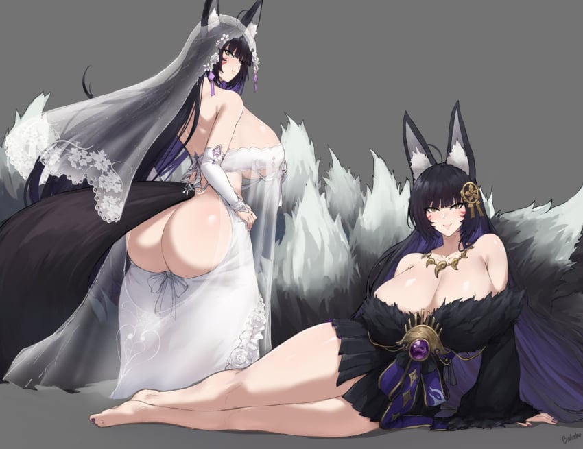 1girls animal_ears ass azur_lane bakaatako black_hair breasts cleavage female female_only fox_ears fox_girl fox_tail huge_breasts light-skinned_female light_skin musashi_(azur_lane) musashi_(purest_wisteria)_(azur_lane) sakura_empire_(azur_lane) solo tail