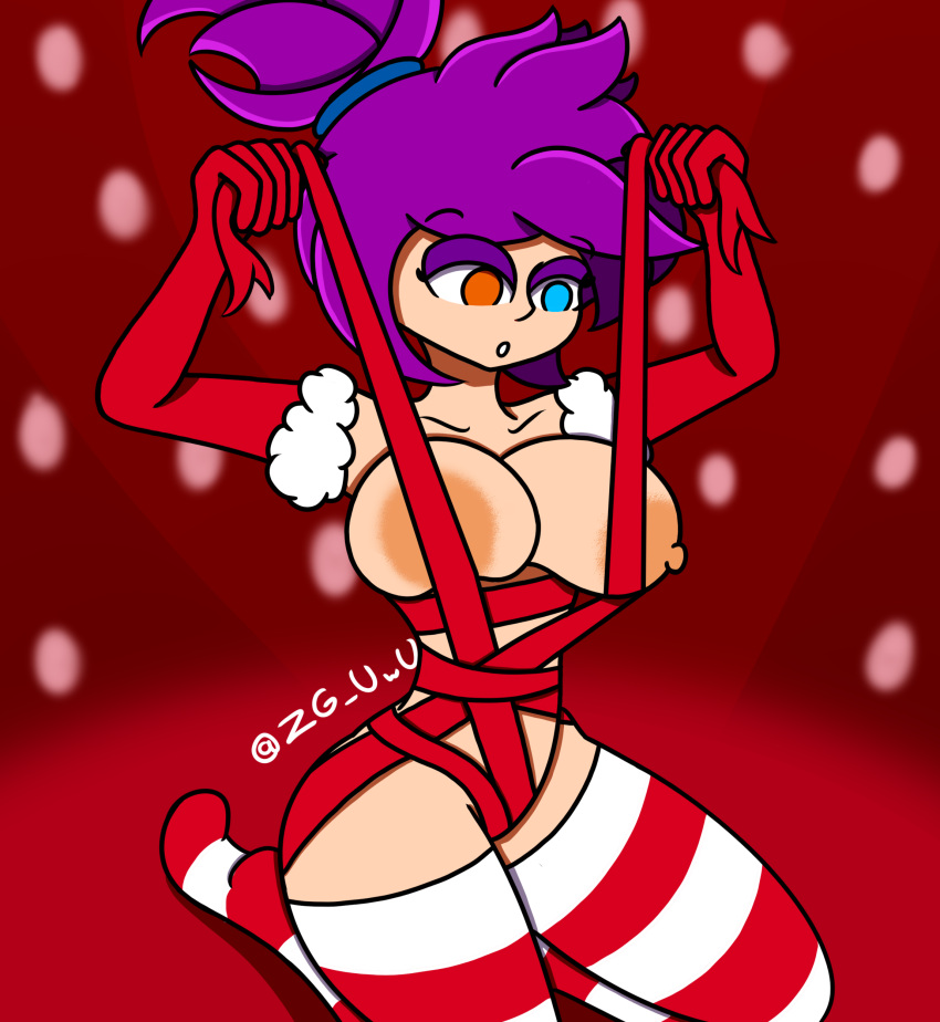 alice_(zg_uwu) almost_naked artist_name big_ass big_breasts big_butt breasts christmas christmas_outfit elbow_gloves female gloves heterochromia hi_res highres original_character ponytail purple_hair ribbon ribbon_bondage ribbons simple_background simple_shading thighhighs zg_uwu