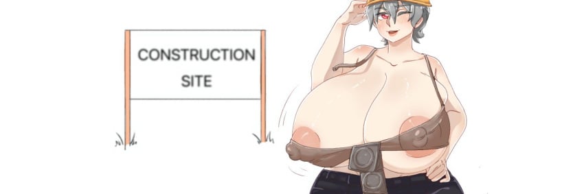 apple_(mantekun) banner breasts_bigger_than_head condom_wrapper hands_on_hips helmet mantekun nipple_bulge nipple_slip nipples_visible_through_clothing original_character short_hair simple_background tagme wardrobe_malfunction white_background white_hair