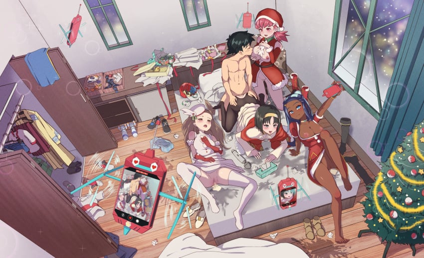 1boy 4girls aqua_eyes black_hair black_pantyhose blue_hair breast_sucking breasts brown_eyes brown_hair censored christmas cum cum_in_pussy cumdrip dark-skinned_female dark_skin doggy_style dress earrings elbow_gloves erika_(pokemon) fur-trimmed_headwear fur_trim gangbang gloves group_sex hairband hat highres hoop_earrings in-franchise_crossover indoors jasmine_(holiday_2022)_(pokemon) jasmine_(pokemon) jewelry large_breasts long_hair medium_breasts mixed-language_commentary mosaic_censoring multicolored_hair multiple_girls nessa_(pokemon) nipples official_alternate_costume on_bed paid_reward_available pantyhose pink_eyes pink_hair pokemon pokemon_(anime) pokemon_frlg pokemon_hgss pokemon_masters_ex pokemon_swsh red_dress red_gloves red_hat rotom rotom_phone santa_dress santa_hat satoshi_(pokemon) sex sex_from_behind short_hair straight taking_picture thighhighs toiro_gawon torn_clothes torn_pantyhose twintails two-tone_hair two_side_up unworn_clothes white_dress white_hat white_thighhighs whitney_(pokemon)