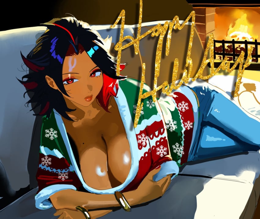 1girls big_breasts christmas christmas_outfit christmas_sweater fireplace happy_holidays hintobento huge_breasts multicolored_hair shadow_the_hedgehog_(cosplay) sonic_(series) tagme