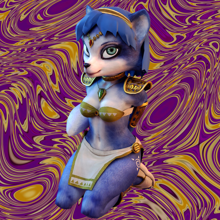 1:1 3d_(artwork) abstract_background absurd_res anthro arm_pads armor big_breasts blue_body blue_fur blue_hair breasts canid canine clothed clothing dewsand07 digital_media_(artwork) female footwear fox fur glowing glowing_eyes green_eyes hair hi_res jewelry krystal krystal_(star_fox) looking_at_viewer mammal markings necklace nintendo psychedelic_background sandals shoes shoulder_pads solo star_fox tail thick_thighs tribal tribal_markings