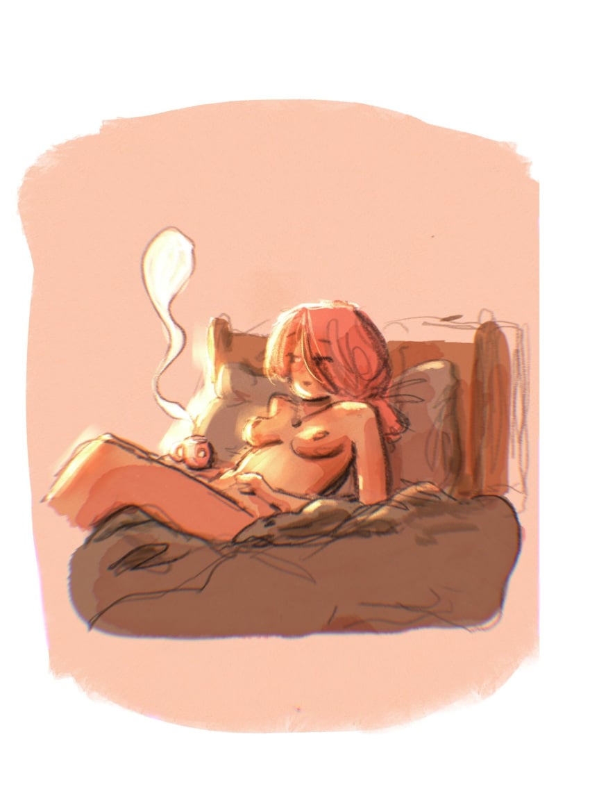 1girls bed breasts casual casual_nudity coffee cup faune female medium_breasts mug necklace nipples pillow simple_background simple_eyes solo tea