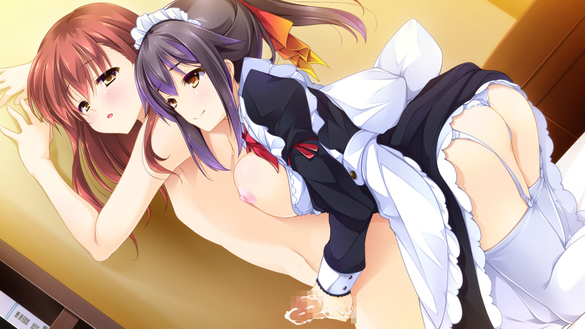 1boy 1girls apron asakura_chihiro ass black_hair blush breasts breasts_out brown_eyes brown_hair censored chihara_noa cum female femboy femboy_on_female game_cg garter_straps hair_ribbon handjob hetero highres large_breasts long_hair maid maid_headdress male/female mosaic_censoring nipples nude open_mouth otome_ga_irodoru_koi_no_essence penis ponytail ribbon shouna_mitsuishi smile thighhighs tied_hair trap waist_apron white_legwear yellow_eyes