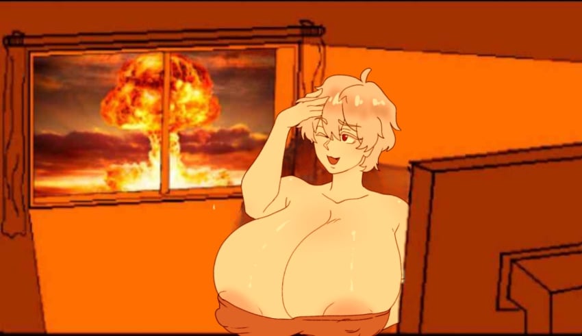 apple_(mantekun) breasts_bigger_than_head huge_breasts imminent_wardrobe_malfunction mantekun meme_reference nipple_bulge nipslip nuclear_explosion short_hair silver_hair tagme tubetop