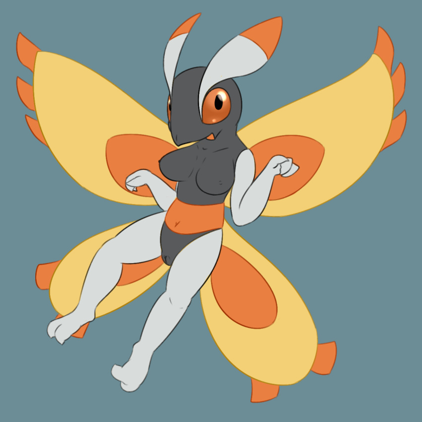 antennae anthro arthropod black_skin blue_background breasts female hi_res insects looking_at_viewer moth mothim navel nintendo nipples nude open_mouth orange_sclera orange_skin pokemon posexe pussy simple_background smile solo video_games white_skin wings