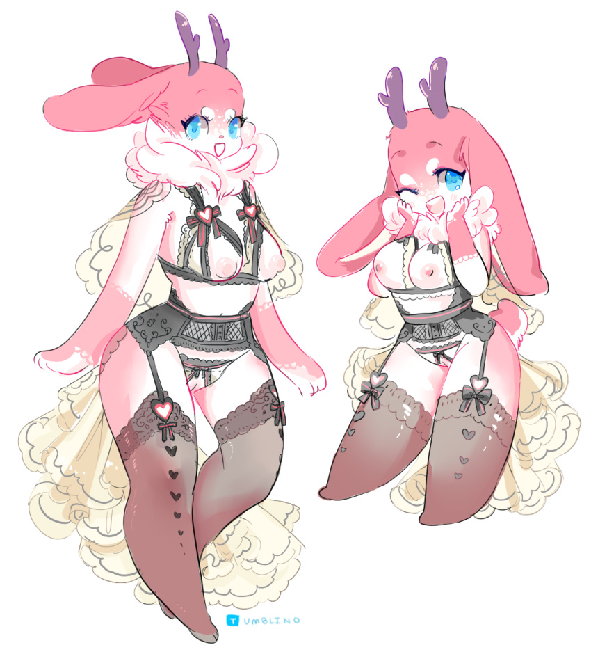 2015 anthro antlers areola blue_eyes blush bow bra breasts buttons chance_(eifie) chibi clothed clothing convenient_hole corset drapery female fur garter heart hi_res horn jackalope lace lagomorph legwear long_ears looking_at_viewer mammal navel neck_tuft nipples open_mouth panties partially_clothed paws pink_fur pink_markings pussy rabbit shawl smile solo spots stockings teeth thick_thighs thigh_highs tongue tuft tumblino underwear voluptuous white_fur wide_hips