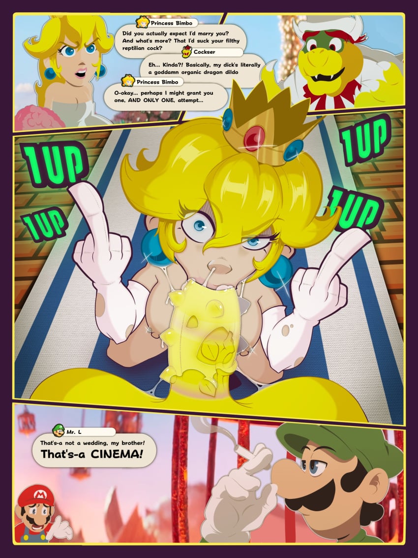 1girls 3boys angry angry_face blonde_hair blowjob blowjob_face blue_eyes bowser crown cum cum_drip cum_in_mouth cum_inside cum_on_face deepthroat fellatio female gagging koopa luigi male mario mario_(series) midasartistcat midasthecat middle_finger nintendo oral oral_sex princess princess_peach saliva saliva_drip saliva_trail super_mario_bros._(2023_film) text text_bubble