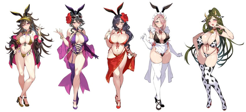 5girls absurdres animal_ears animal_print bare_shoulders bell bikini black_hair blush breasts brown_hair bunnystein_fantasy celica_(bunnystein_fantasy) choker cleavage collarbone cow_horns cow_print cowbell fake_animal_ears gan_(shanimuni) green_hair groin high_heels highleg highleg_bikini highres horns huge_breasts large_breasts leopard_print long_hair maid maid_headdress mizuki_(bunnystein_fantasy) mole mole_on_breast mole_on_stomach mole_on_thigh mole_under_eye mole_under_mouth multiple_girls nadeshiko_(bunnystein_fantasy) navel one-piece_swimsuit original pink_hair ponytail skindentation stomach sumire_(bunnystein_fantasy) swimsuit thighhighs thighs tomeko_(bunnystein_fantasy) very_long_hair