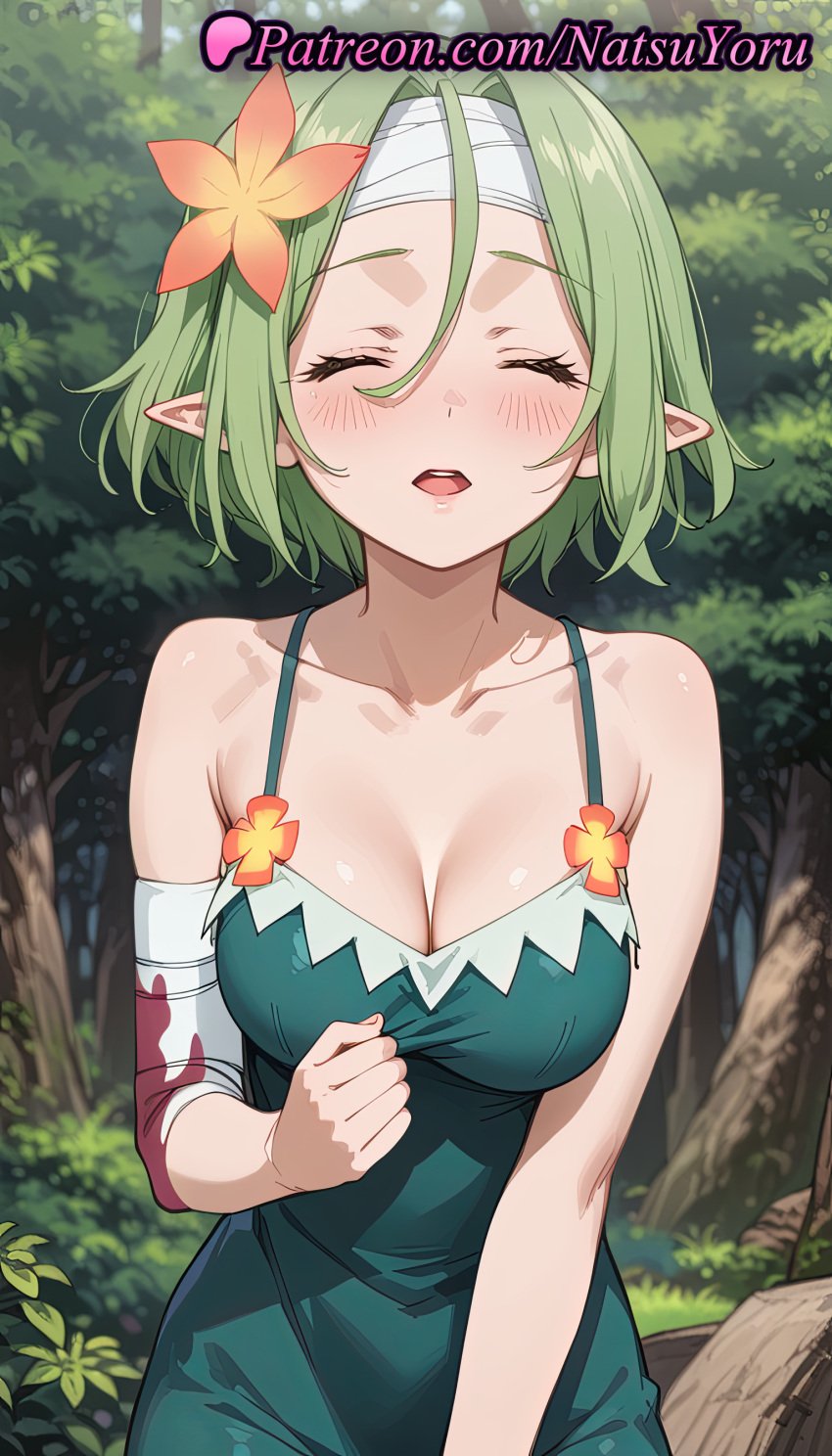 1girls ai_generated anime anime_style bandaged_arm bandages bare_shoulders blood blush breasts bust busty cleavage closed_eyes collarbone day dress elf elf_ears facing_viewer female female_focus female_only flower flowers forest green_dress green_hair hair_between_eyes hair_flower hair_ornament headband hentai kono_subarashii_sekai_ni_shukufuku_wo! large_breasts lips medium_breasts natsuyoru nature open_mouth orange_flower outdoors pointed_ears pointy_ears short_hair sleeveless sleeveless_dress solo solo_female teeth tranquility_girl tree tree_stump upper_teeth_only voluptuous voluptuous_female white_headband