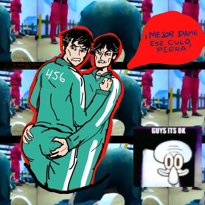 2boys biting_lip curimomo gay groping_ass hwang_in-ho ibispaintx jxci male meme meme_reference mimundo_alex seong_gi-hun shitpost spanish_text spongebob_squarepants squid_game squidward_tentacles text